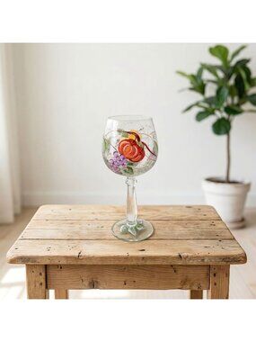 American Atelier Pompeii Fruit 12oz Clear Crackle Glass Wine Goblet Vintage 7.9"